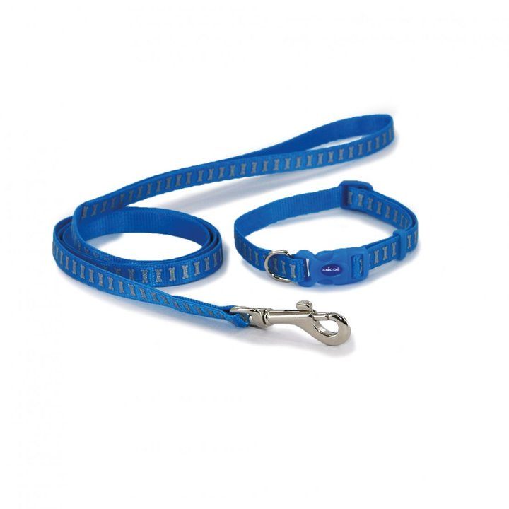 Ancol Small Bite Collar & Lead Set Reflective Bone Blue for Dogs