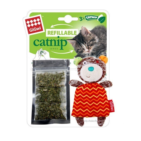 GiGwi Refillable Bear Ziplock Toy With Catnip Bags Red for Cats