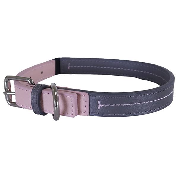 Rosewood Luxury Leather Dog Collar - Pink and Grey - Size 18" - 22"