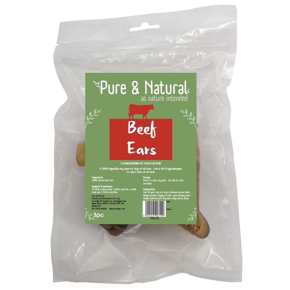 Pure And Natural Beef Ears Natural For Dogs - Pack Of Size 3