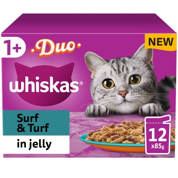Whiskas 1+ Cat Pouches Duo Surf And Turf In Jelly - 12 X 85G Salmon Size 1