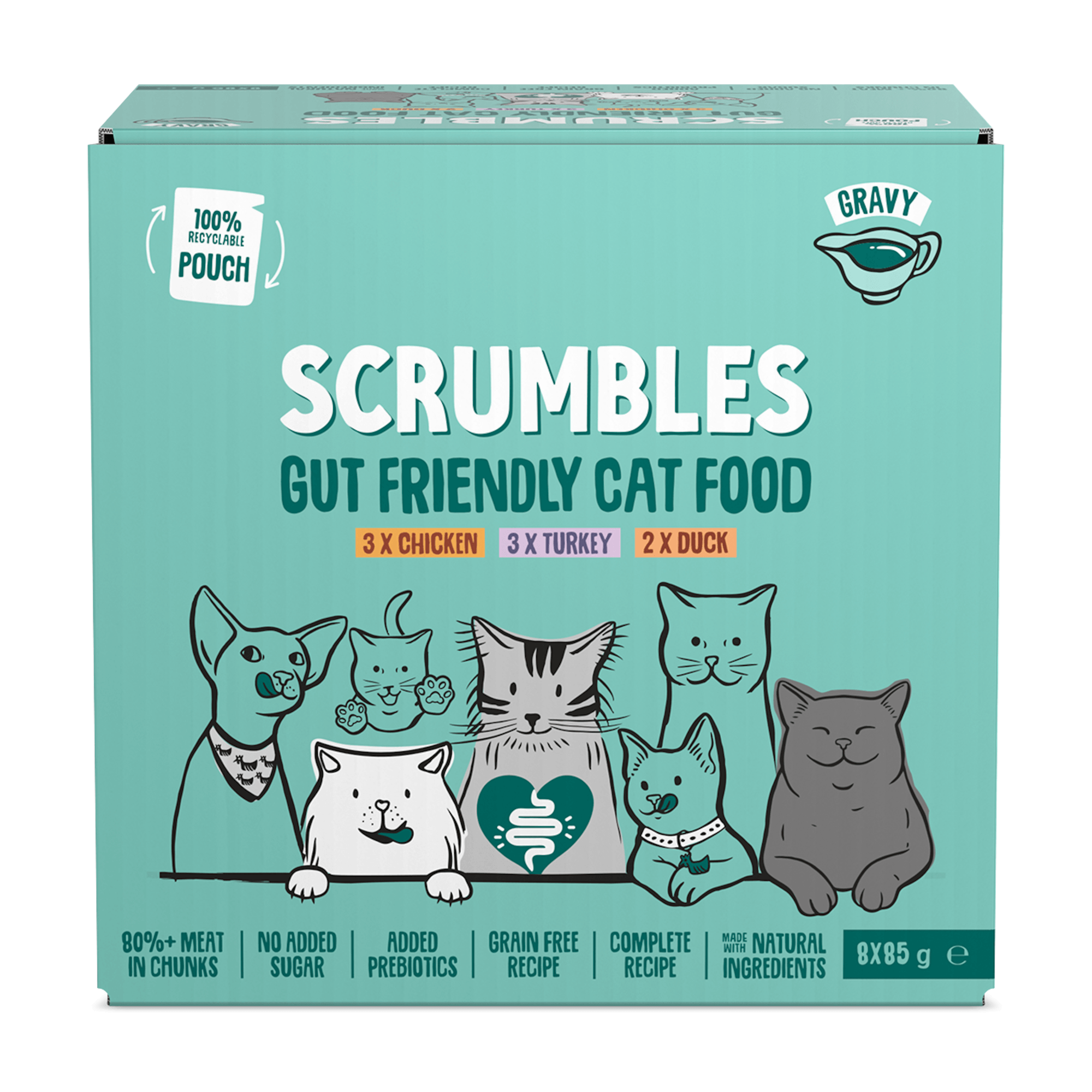 Scrumbles Gut Friendly Gravy Selection Wet Cat Food - 8X85g Grain Size 8