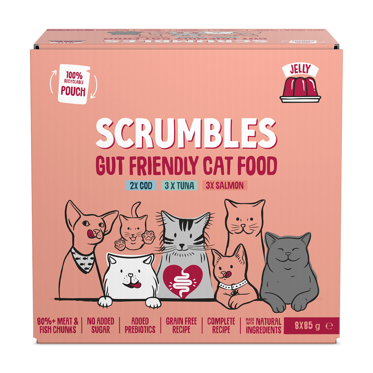 Scrumbles Gut Friendly Fish Selection In Jelly Wet Cat Food - 8X85g Grain/Salmon Size 8