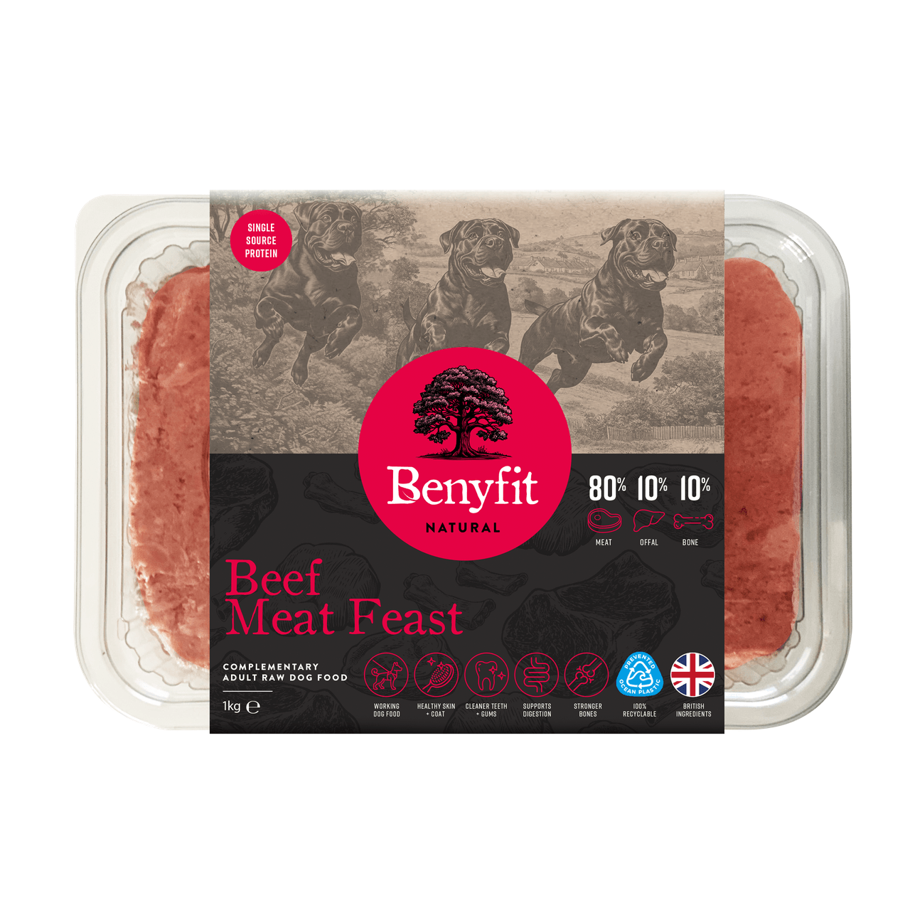 Benyfit Natural 80:10:10 Beef Meat Feast Raw Adult Dog Food - 1Kg
