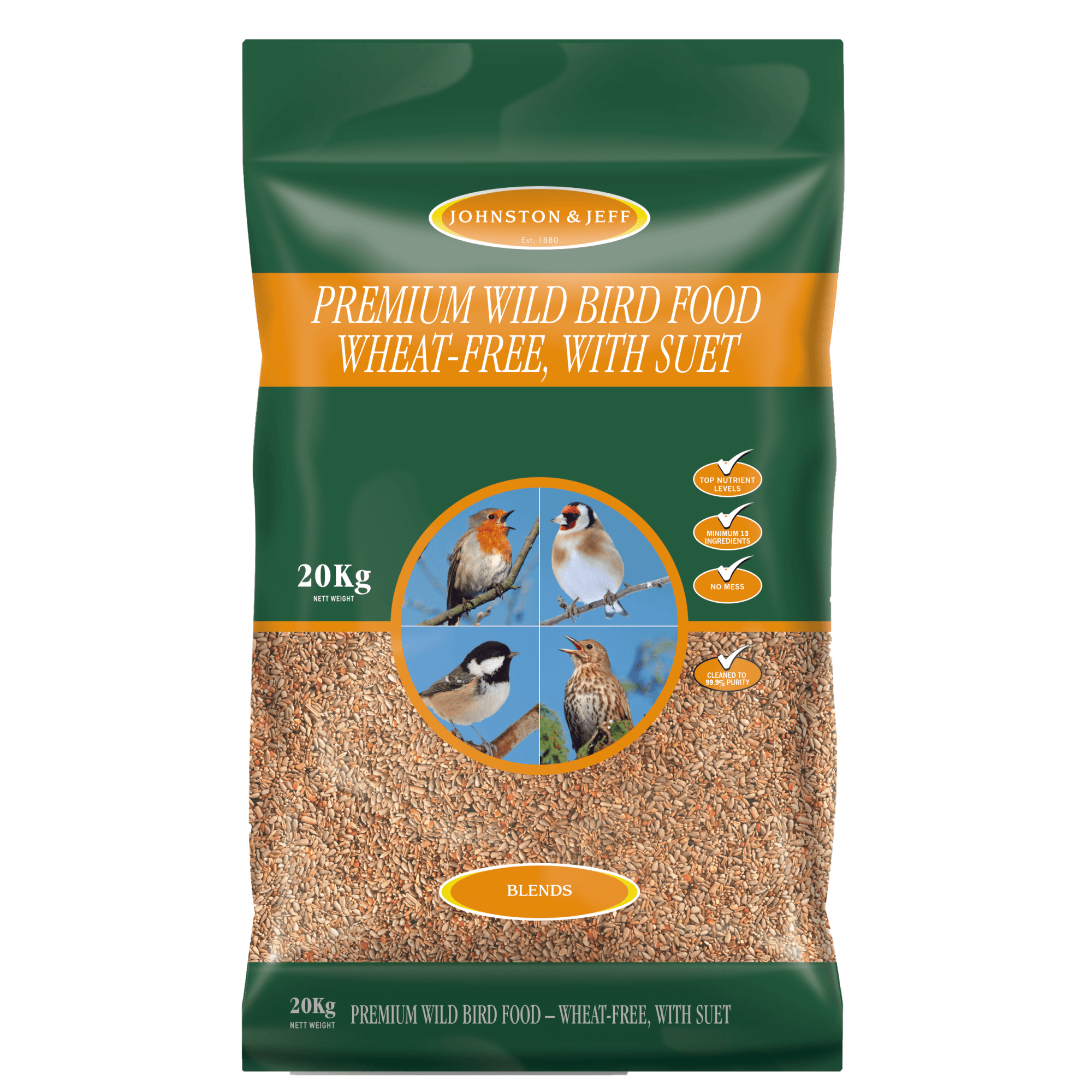 Johnston And Jeff Premium Wheat Free With Suet Wild Bird Food - Yellow/Red 20Kg