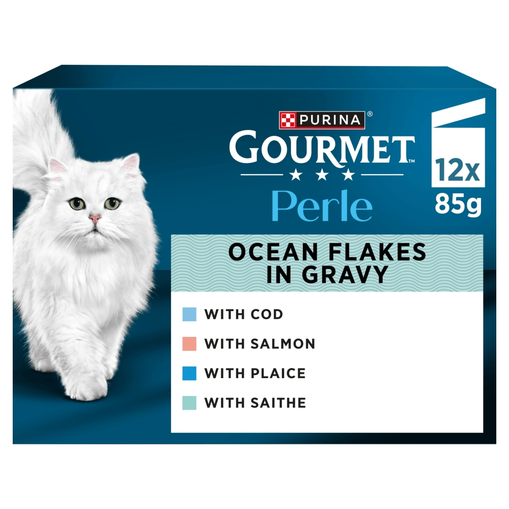 Gourmet Perle Ocean Flakes Cod, Plaice, Saithe Wet Cat Food - X 85G Salmon Size 12