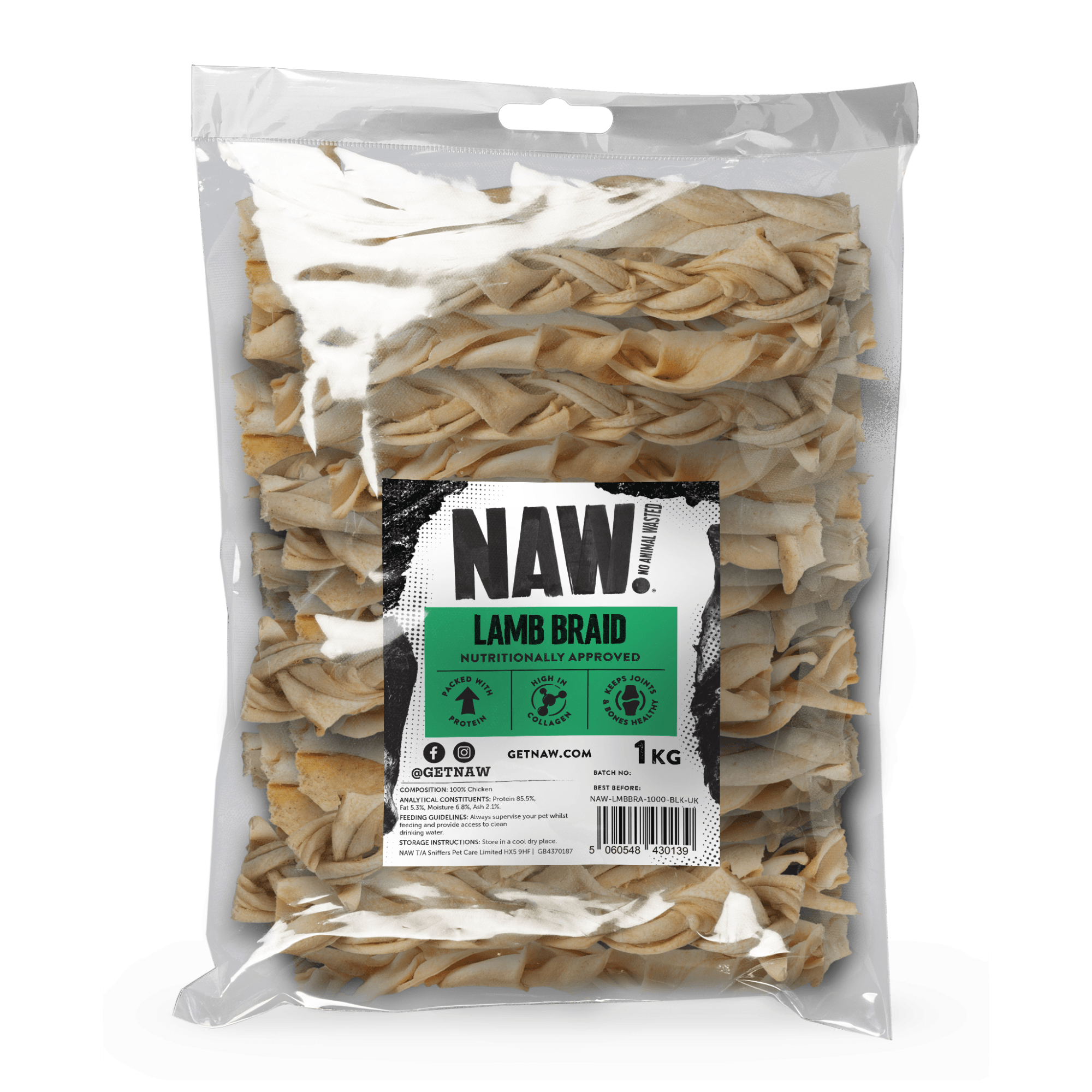 Naw Braided Lamb Dog Treats - Grain 1Kg